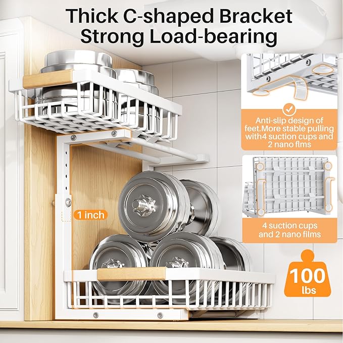 PXRACK Under Sink Organizer, Adjustable Height, 2 Tier Pull Out Under Cabinet Organizer, Slide Out Thickened Metal Under Sink Storage for Kitchen Bathroom Laundry Pantry Cabinet, White, Large-2-Pack