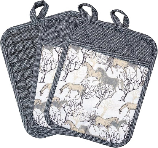 Pot Holders Set of 3 Silicone Printing Non Slip Heat Resistant, Yarm-Dyed Hot Pads Cotton Home Kitchen Cooking Barbecue Microwave Women Men Machine Washable BBQ Grilling. (Gray Potholders)