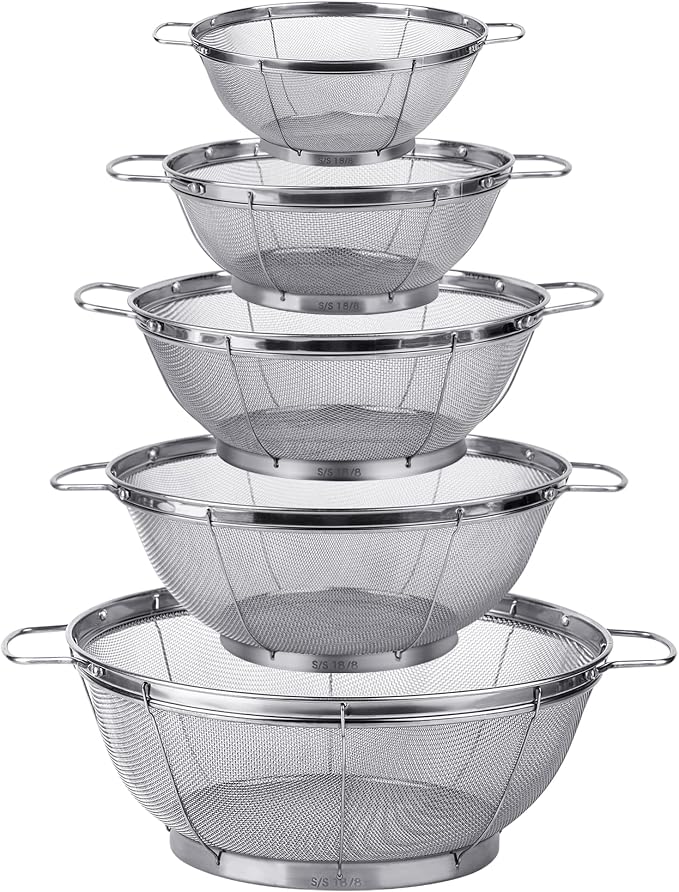 5 Pack 18/8 Stainless Steel Colander Sieves, Multi Size Mesh Strainer Net Baskets with Handles & Resting Base for Strain, Drain, Rinse or Steam