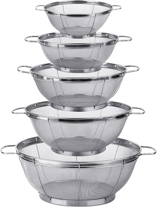5 Pack 18/8 Stainless Steel Colander Sieves, Multi Size Mesh Strainer Net Baskets with Handles & Resting Base for Strain, Drain, Rinse or Steam