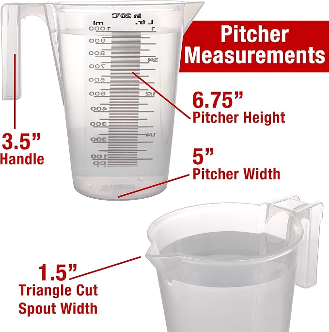 TCP Global 1 Liter (1000ml) Plastic Graduated Measuring and Mixing Pitcher (Pack of 6) - Holds Over 1 Quart (32oz) - Pouring Cups, Measure & Mix Paint, Resin, Epoxy, Kitchen Cooking Baking Ingredients