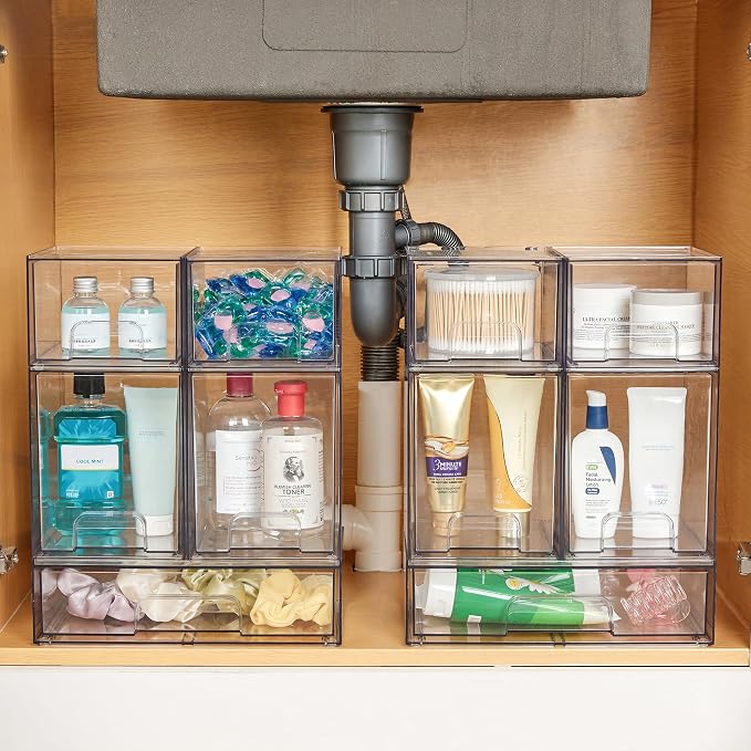 Vtopmart Clear Stackable Storage Drawers Set of 8, Plastic Organizer Bins | Multi-purpose Boxes for Baby Bottle Storage, Ideal for Kichen, Vanity, Bathroom, Undersink, Cabinet, Pantry Organization