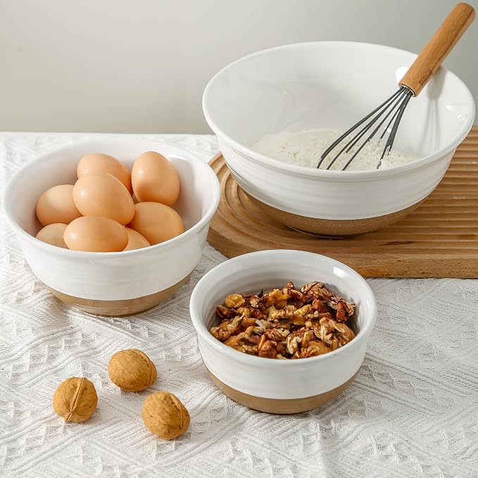 HASENSE Ceramic Serving Bowls, Large Salad Pasta Mixing Bowls Set, 2.1/1.0/0.5 Qt for Entertaining, White Nesting Batter Bowls for Prepping Baking, Dishwasher Microwave Safe, Set of 3