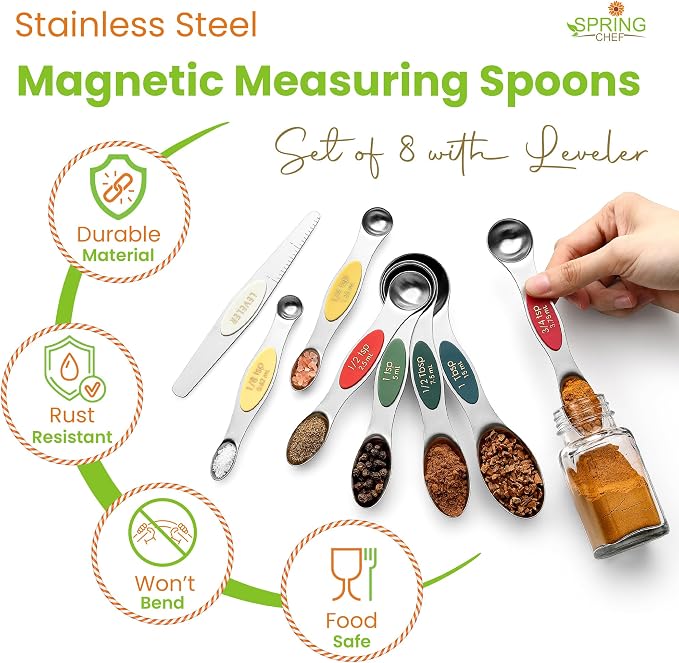 Spring Chef Stainless Steel Magnetic Measuring Spoons Set of 8 with Leveler, Metal Teaspoon & Tablespoon Measure Spoons Set for Baking & Cooking, Stackable & Double Sided Kitchen Gadgets - Very Merry