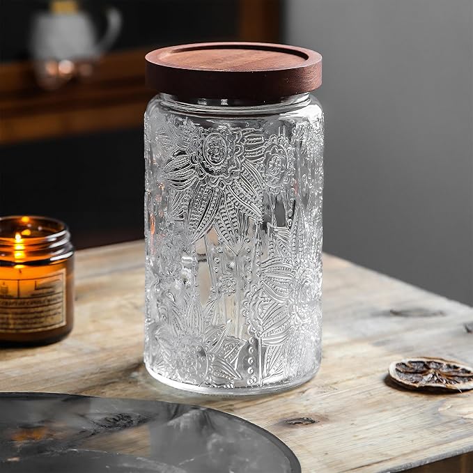 Glass Storage Jars With Airtight Lid, 35oz Container For Kitchen Counter with Wooden Lid, brown sugar, candy, coffee, cookie, salt, tea, cute Jar (35oz Large Sunflower)