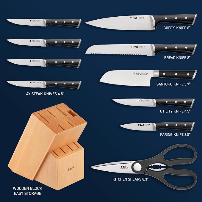 T-fal Ice Force German Stainless Steel Kitchen Knife Set and Wood Block 11 Piece, Long Lasting Sharpness, High Cutting Precision, Superior Durability, Ultra Sharp Blades, Cookware Kitchen Gadget Black