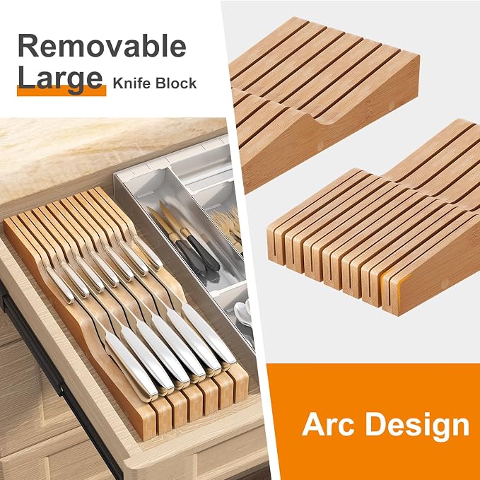 In-Drawer Knife Block Organizer - Bamboo Wood Drawer Knife Organizer-Protecting Knife Organizer Block (Not Included) (Natural, 13 Knives Dock)
