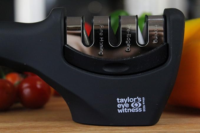 Taylors Eye Witness Professional Chef’s Kitchen Knife Sharpener - Three Stage Handheld Knife Sharpening Tool. Re-edging, Honing And Fine Honing For Many Blade Types. Non Slip Base.