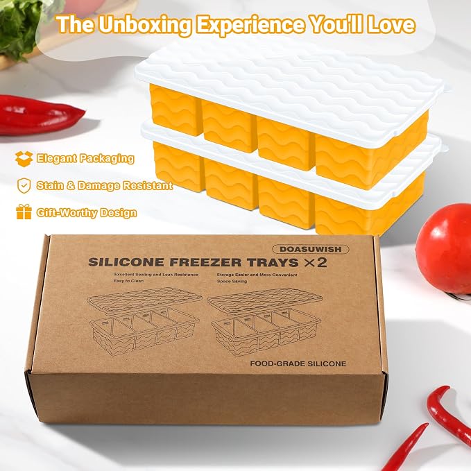 Doasuwish Silicone Freezer Tray for Soup with Lid – 1-Cup Soup Container Cube Style Ice Cube Trays for Freezer, Meal Prep & Food Storage, Freeze 250mL/125mL Portions – 2 Pack