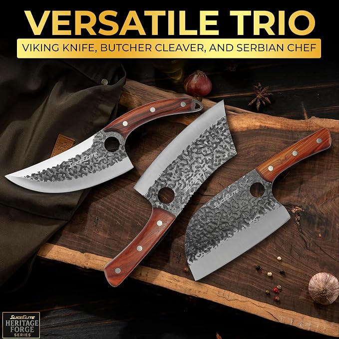 SliceElite Hand-Forged Professional Butcher Knife (3 PC BUTCHER KNIFE SET W/SANDLEWOOD HANDLES)