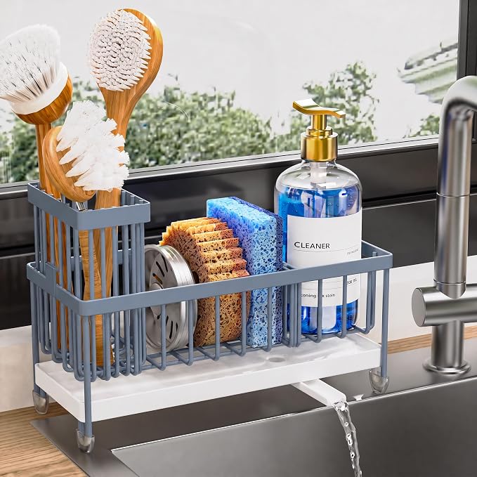 Cisily Sponge Holder for Kitchen Sink, Sink Caddy Organizer with High Brush Holder, Kitchen Countertop Organizers and Storage Essentials, Rustproof 304 Stainless Steel (Gray Blue, 9.25″)