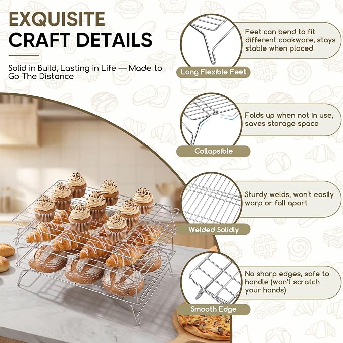 Herogo Cooling Rack, 2-Tier Stainless Steel Baking Rack for Cookies, Cupcakes, and Pastries, Collapsible Space-Saving Design, Dishwasher Safe, Ideal for Baking, Roasting, and Drying