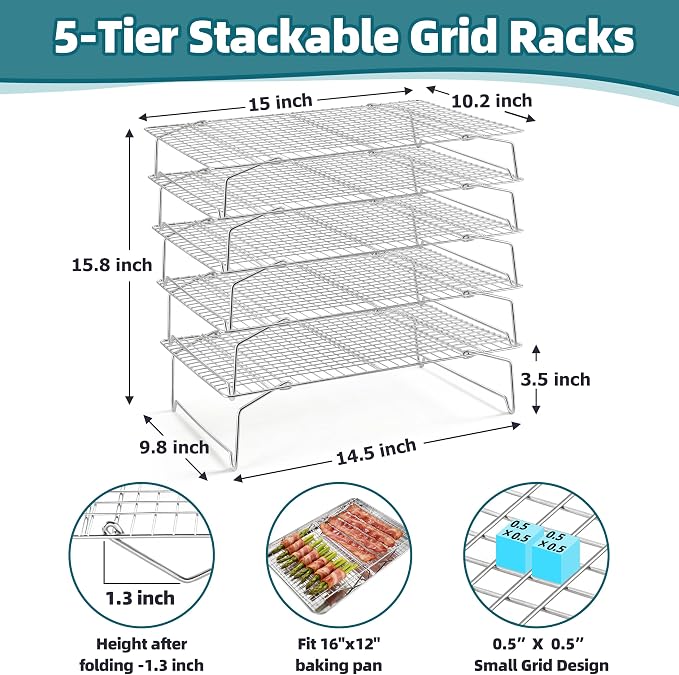 P&P CHEF 5 Tier Stackable Cooling Racks for Cooking and Baking, 15" x 10" | Stainless Steel Stackable Grid Cooling Rack for Cooling Roasting Grilling, Collapsible & Heavy Duty, Oven & Dishwasher Safe