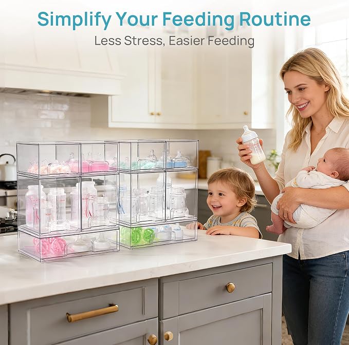 Vtopmart Clear Stackable Storage Drawers Set of 10, Baby Bottle Organizer | Multi-purpose Boxes for Bathroom Accessories, Beauty Supplies, Ideal for Kichen Countertop, Bathroom, Pantry Organization