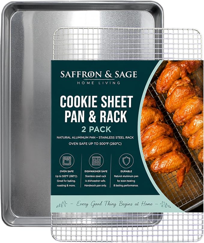 Commercial Quality Cookie Sheet and Rack - Aluminum Half Sheet Baking Pan and Stainless Steel Cooling Rack Set 13x18 Rust & Warp Resistant, Heavy Duty