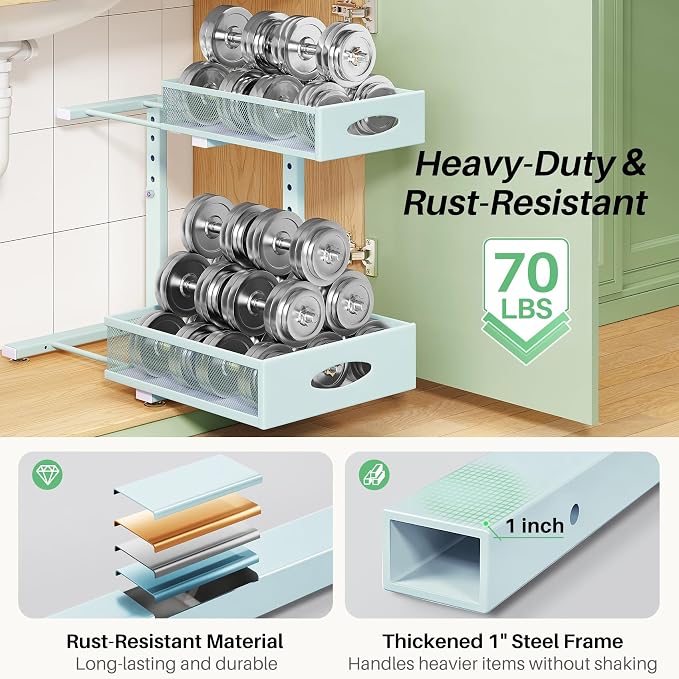 Under Sink Organizer, 1-Pack Pull Out Cabinet Organizer 2 Tier Metal Slide Out Storage Shelf Rack, L-Shaped Adjustable Height,Mesh Sliding Drawer for Kitchen, Bathroom, Laundry, Pantry, Blue, XL