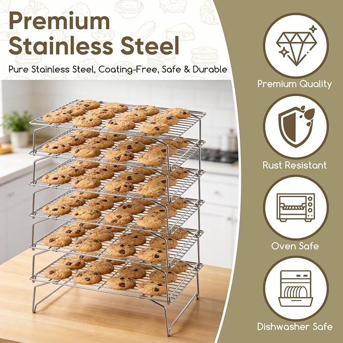 Herogo 15" x 10" Cooling Rack, 6-Tier Stainless Steel Baking Rack for Cookies, Cupcakes, and Pastries, Collapsible Space-Saving Design, Dishwasher Safe, Ideal for Baking, Roasting, and Drying