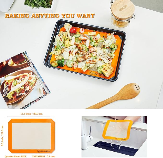 GUY DREAM All-in-One Silicone Baking Mat Set - Kneading Mat, Cookie & Macaron Half Sheet, 1/4 Sheet Mat, Square & Round Cake Mats, Artisan Bread Sling- Ideal Gift for Baking