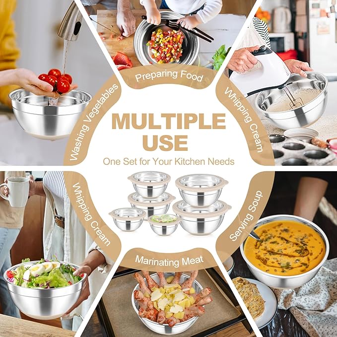 TeamFar Mixing Bowls Set of 6, Stainless Steel Salad Mixing Bowls with Visible Lids, Metal Nesting for Mixing Serving Prepping, Non-Slip & Airtight, 4.6/3.5/2/1.5/1/0.7 QT, Khaki
