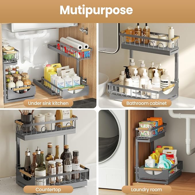 Under Sink Organizer and Storage for Bathroom and Kitchen - 2 Pack 2 Tier | Cabinet Pull Out Shelf Organizers - Slide Out Drawer Organization for Home Cabinets Shelves and Drawers