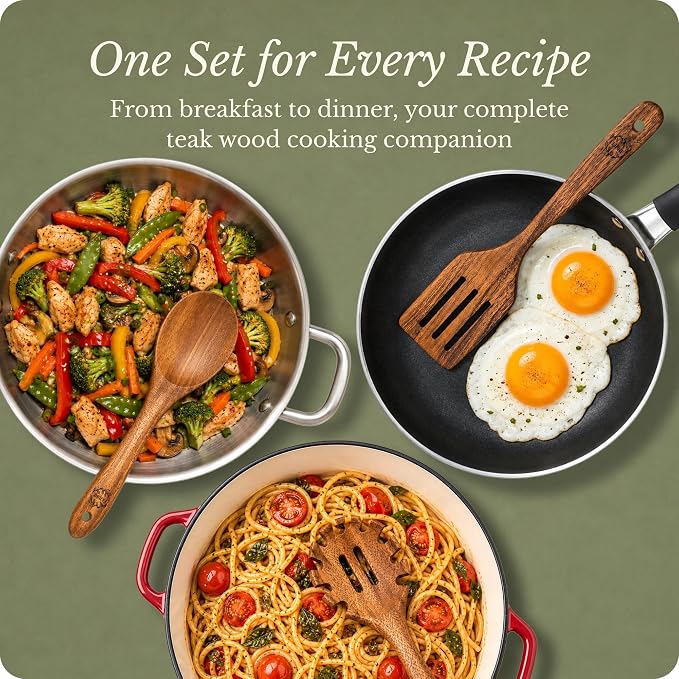 Elibre Premium 9 Piece Teak Wooden Kitchen Utensil Set | Includes Wooden Spoon, Spatula, Slotted Spoon, Ladle, Serving Tools | Heat Resistant | Non-Toxic & Safe for Cooking | Non-Stick, Gentle on Pans
