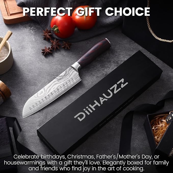 DiiHAUZZ Santoku Knife 7 Inch, Japanese Chef Knife with Ultra Sharp Hollow Edge, High Carbon Steel Forged Professional Kitchen Knives with Ergonomic Pakkawood Handle and Sheath, Gift Box