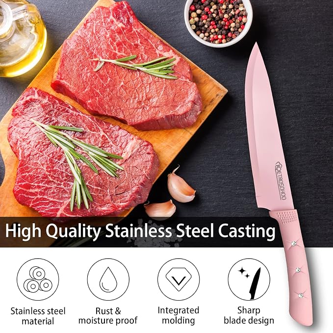 Kitchen Knife Set, Retrosohoo Pink Flower 6PC Stainless Steel Sharp Chef Cooking Non-slip Knife Set with Acrylic Stand & Block, Non-stick Colorful Coating Gift for Women Girls (Pink)