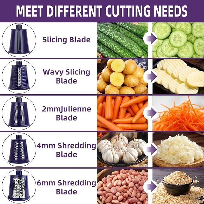Rotary Cheese Grater with Handle, Vegetable Shredder with 5 Replaceable Blades & Strong Suction Base, Round Food Slicer & Chopper for Kitchen Fruit Vegetables Nuts with Blade Storage Box (Purple)