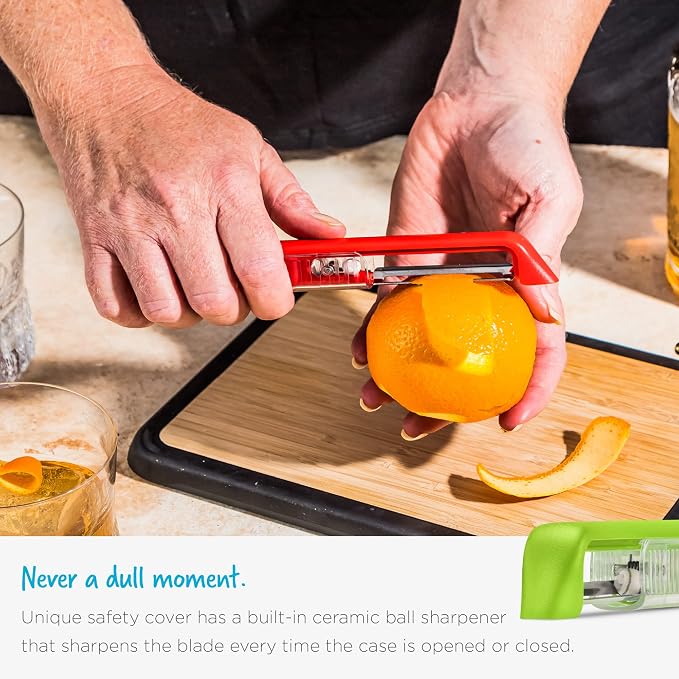Dreamfarm Sharple Self-Sharpening Vegetable Peeler - Kermit Green | Ceramic sharpener in safety cover automatically hones stainless steel swivel blade, suitable for left & right handed use