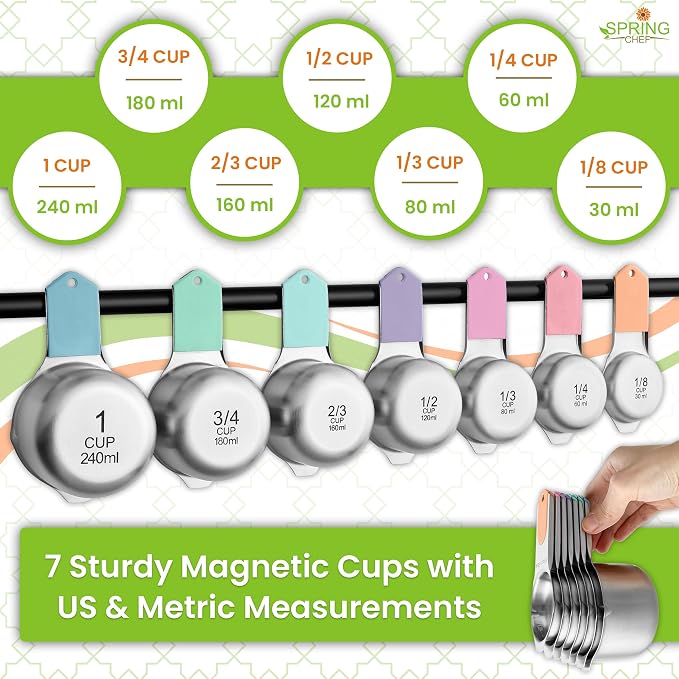 Spring Chef Magnetic Measuring Cups & Spoons Set of 16, Patented, Pastel | Stackable Stainless Steel Measuring Cups & Heavy Duty Metal Measuring Spoons with Levelers for Dry & Liquid Ingredients