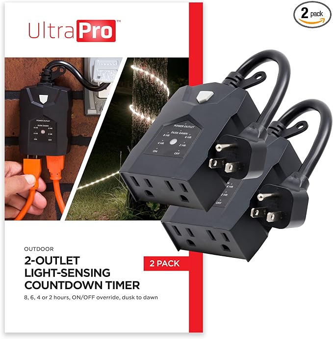 UltraPro Outdoor Dusk to Dawn Outlet Timer with Countdown, Dual Outlet Light Sensor Plug, 8/6/4/2 Hour Settings, Weather‑Resistant Seasonal & Landscape Lighting Control, 2 Pack, Black, 71070