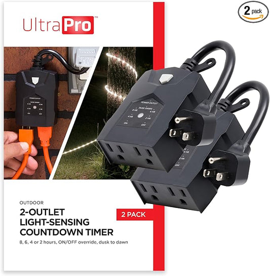 UltraPro Outdoor Dusk to Dawn Outlet Timer with Countdown, Dual Outlet Light Sensor Plug, 8/6/4/2 Hour Settings, Weather‑Resistant Seasonal & Landscape Lighting Control, 2 Pack, Black, 71070