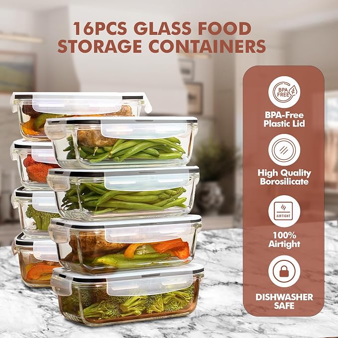 Razab 16 Pc (Set of 8) 30 Oz Glass Meal Prep Containers with Lids, Airtight Large Glass Food Storage Containers, Reusable Leak Proof BPA Free, Freezer to Oven and Dishwasher Safe
