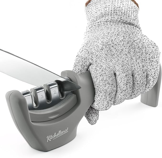 4-in-1 Kitchen Knife Accessories: 3-Stage Knife Sharpener Helps Repair, Restore and Polish Blades and Cut-Resistant Glove