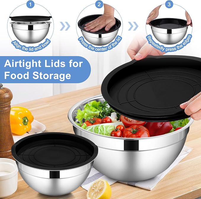 LIANYU Mixing Bowls with Lid Set of 6, Large Size 7, 3.5, 2.5, 2, 1.5, 1QT | Stainless Steel Kitchen Nesting Metal Bowl Sets, Ideal for Baking Cooking Serving Food Storage, Dishwasher Safe, Black