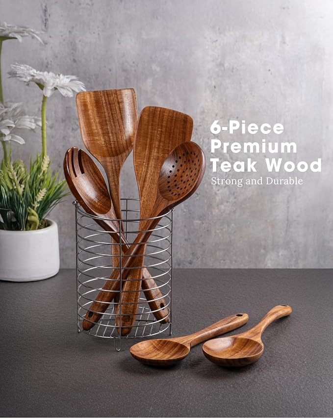 New Kitchen 6 Piece Non Toxic Wooden Spoons for Cooking - Smooth Finish Teak Kitchen Utensils Set - Non-Stick Wooden Spatula Perfect for Pasta, Mixing and Kitchen Essential and Gift