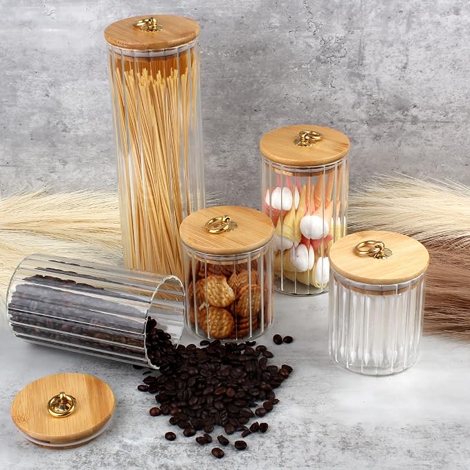 Glass Storage Jars Set of 5, Coffee Bar Canister with Airtight Bamboo Lid | Metal Ring, Ribbed Borosilicate Glass Container, Home Kitchen Pantry Storing Coffee, Candy, Sugar, Tea, Nuts, Oatmeal, Pasta
