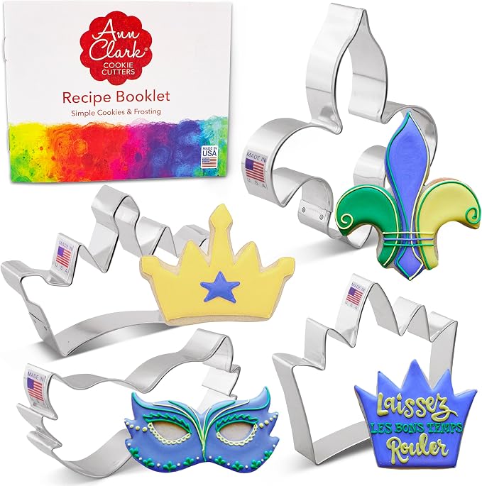 Ann Clark Mardi Gras 4-Pc. Cookie Cutter Set, Made in USA, King Crown, Princess Crown, Fleur de Lis, Mask
