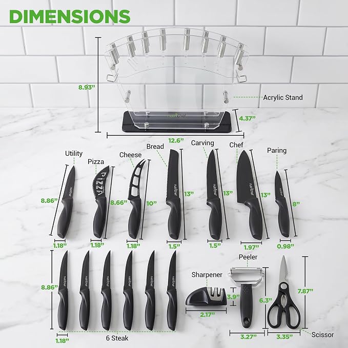 NutriChef 17-Piece Kitchen Knife Block Set - Stainless Steel Precision Crafted Knives w/Acrylic Block Stand - Includes 6 Steak & 7 Multi-Use Knives, Sharpener, Scissors, & Vegetable Peeler (Black)