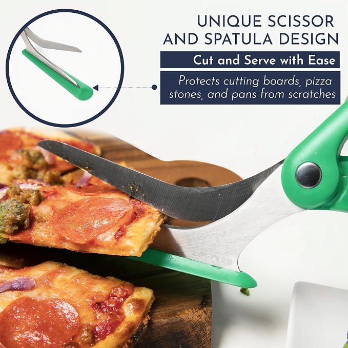 Pizza Scissors - Non-Stick Pizza Scissors with Firm Grip Base - Food Grade Stainless Steel Pizza Cutter - 5-in-1 Food Slicer & Pizza Server - Durable, Safe & Mess Free - Green