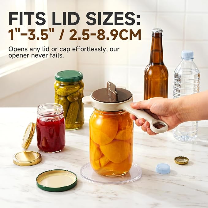 2026 Upgraded 4-in-1 Jar Opener - Adjustable Stainless Steel Lid Remover for Seniors & Arthritis Sufferers (Brown)