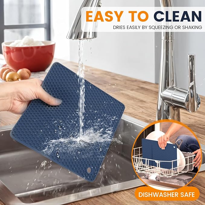 Silicone Trivet Mats 4 Heat Resistant Pot Holders Multipurpose Non-Slip Hot Pads for Kitchen Potholders, Drying mat, Jar Opener, Spoon Holder, Coaster.(Blue)