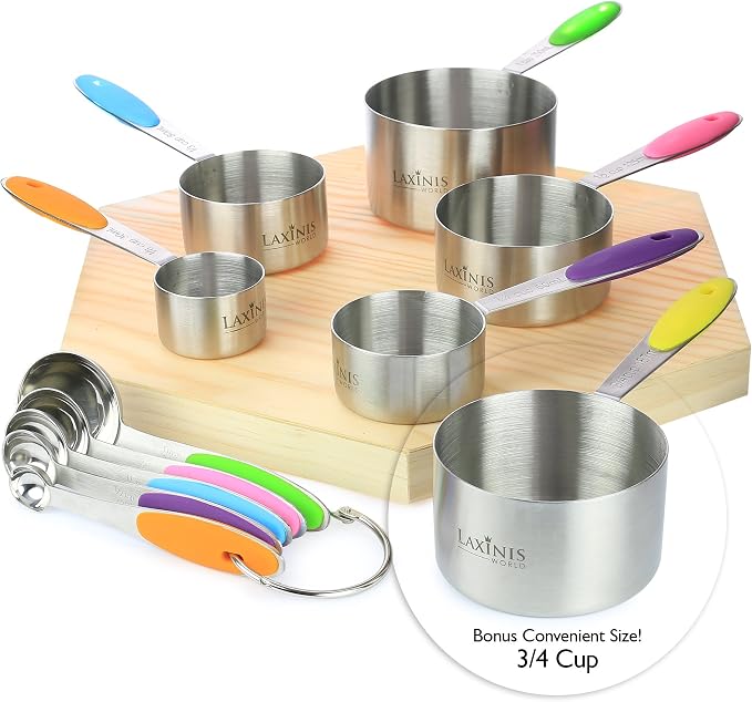 New Version! 11 Piece Measuring Cups And Spoons Set by Laxinis World | Sturdy Stainless Steel Stackable 6 Cups and 5 Spoons with Soft Silicone Handles to Measure Dry and Liquid Ingredients