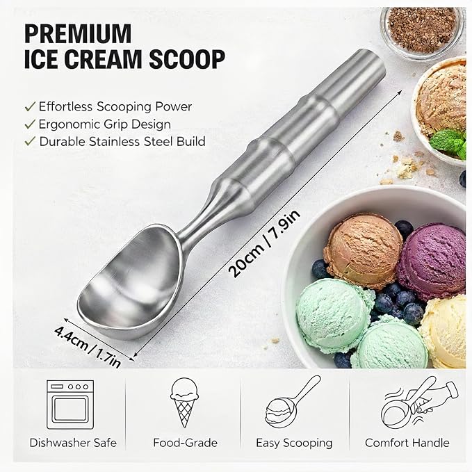 Stainless Steel Ice Cream Scoop, Heavy Duty Ice Cream Scooper with Ergonomic Grip, 100% Dishwasher Safe One-Piece Metal Scoop for Hard Ice Cream, Gelato & Cookie Dough