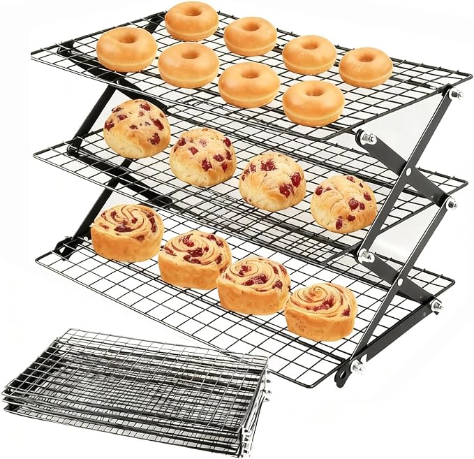 Collapsible Cooling Rack, Adjustable Stainless Steel Drying Rack (FOLD-3-TIER) | X-Shaped Structure Wire Cooling Rack for Baking, Cookies, Cake, Fruit, Bread,Roasting, Grilling, Drying Rack, Dishwasher Safe