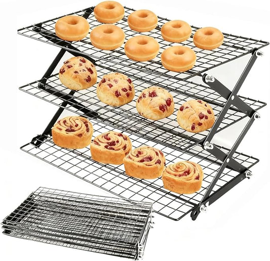 Collapsible Cooling Rack, Adjustable Stainless Steel Drying Rack (FOLD-3-TIER) | X-Shaped Structure Wire Cooling Rack for Baking, Cookies, Cake, Fruit, Bread,Roasting, Grilling, Drying Rack, Dishwasher Safe