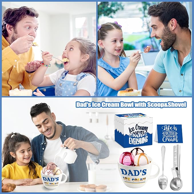 Dad Gifts, Fathers Day Birthday Gifts for Dad from Daughter Son, Dad's Ice Cream Bowl Scoop Shovel Spoon Set, Ice Cream Present for Daddy Him Man