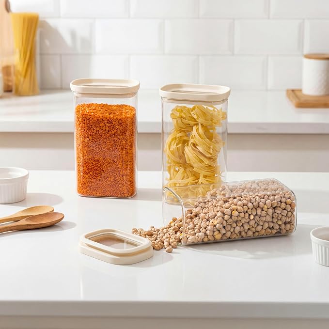 Glass Food Storage Jar with Glass Lid in Ractangle Shape, Food Canister Set with Airtight Lids, Pantry Storage Jar for Kitchen Organization. Food Storage Containers in Pack of 3, 40oz.