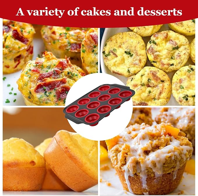 Silicone Muffin Pan, 12-Cup Nonstick Silicone Muffin Pans for Baking, Food-Grade Cupcake Pan for Oven, Microwave, Dishwasher Safe, BPA-Free Silicone Baking Mold for Muffins, Cupcakes, Egg Muffins