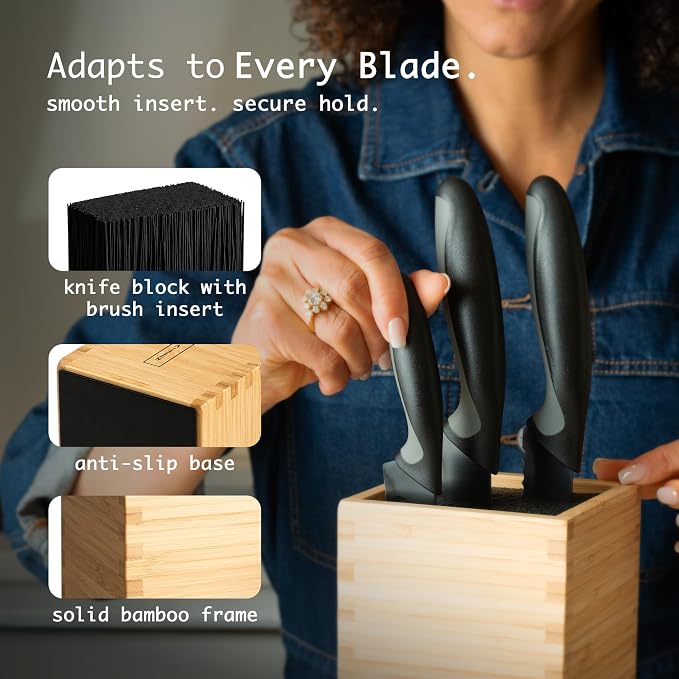 KAIZEN Bamboo Knife Block Without Knives - Perfectly Sized Universal Knife Holder for Knives, Scissors - Unique Knife Storage for Counter Top with Anti-Slip Base (Black)